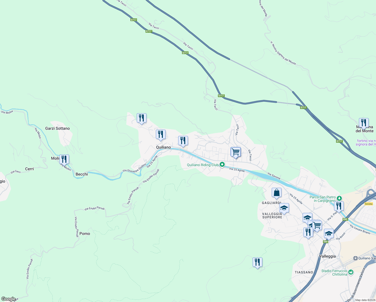map of restaurants, bars, coffee shops, grocery stores, and more near 2B Piazza Antonio Gramsci in Quiliano