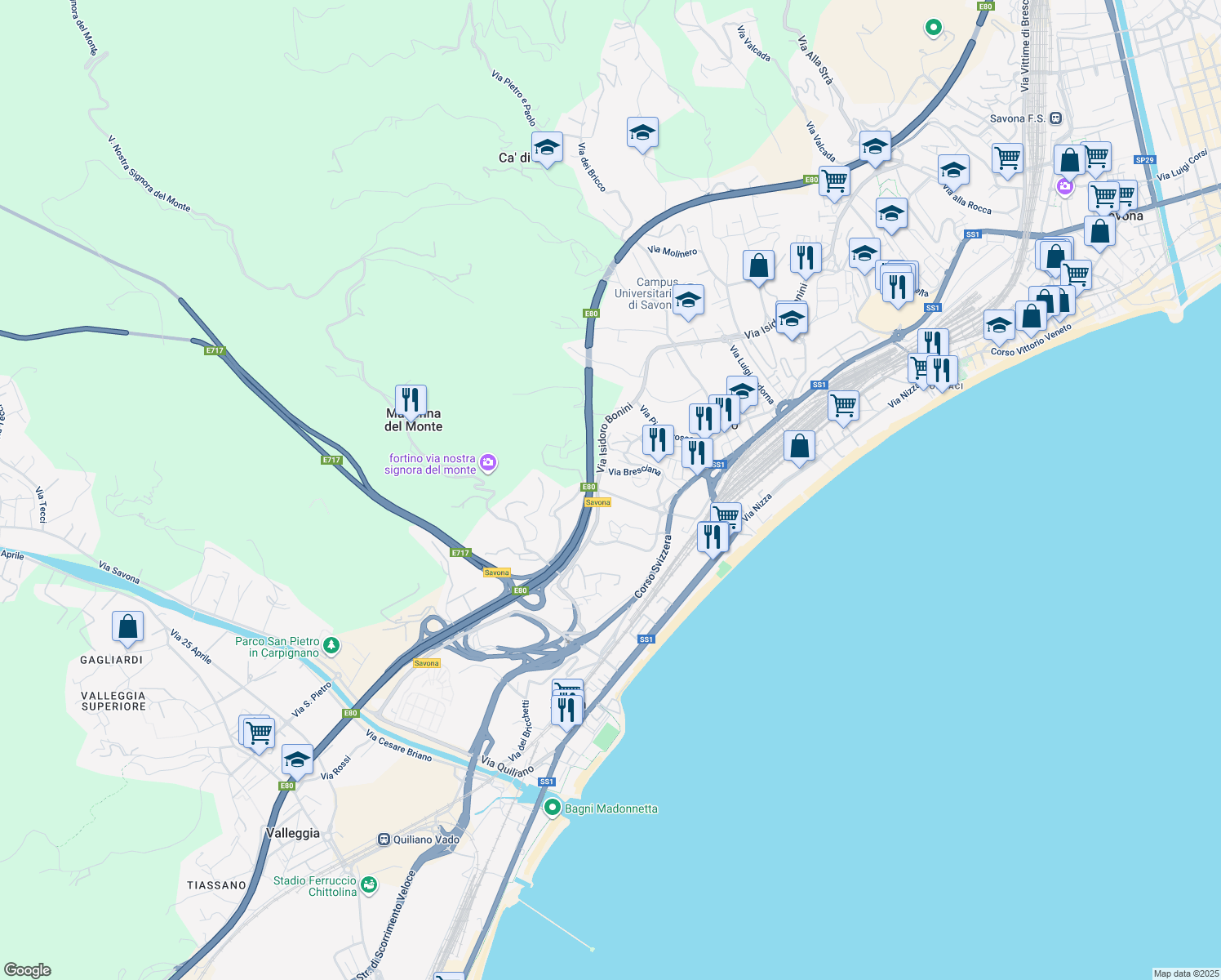 map of restaurants, bars, coffee shops, grocery stores, and more near 31 Via Bresciana in Savona
