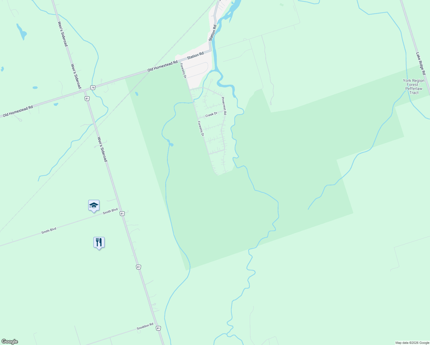 map of restaurants, bars, coffee shops, grocery stores, and more near 7 Forestry Drive in Georgina