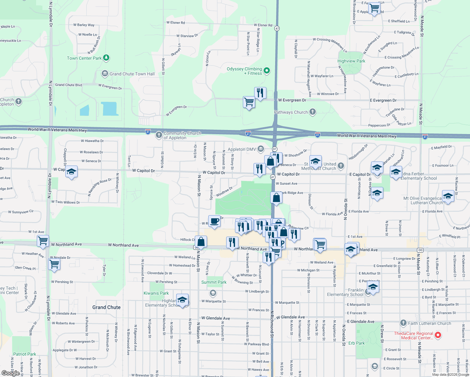 map of restaurants, bars, coffee shops, grocery stores, and more near 1005 Windtree Drive in Appleton