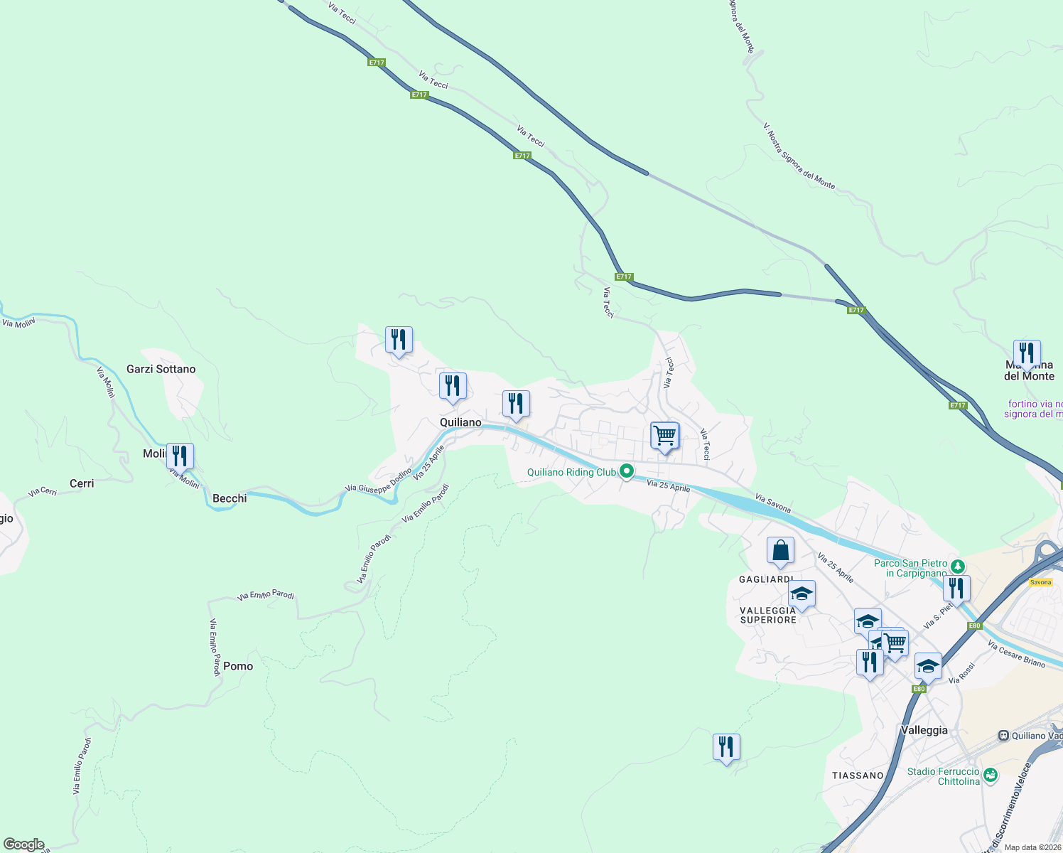 map of restaurants, bars, coffee shops, grocery stores, and more near 2B Piazza Antonio Gramsci in Quiliano