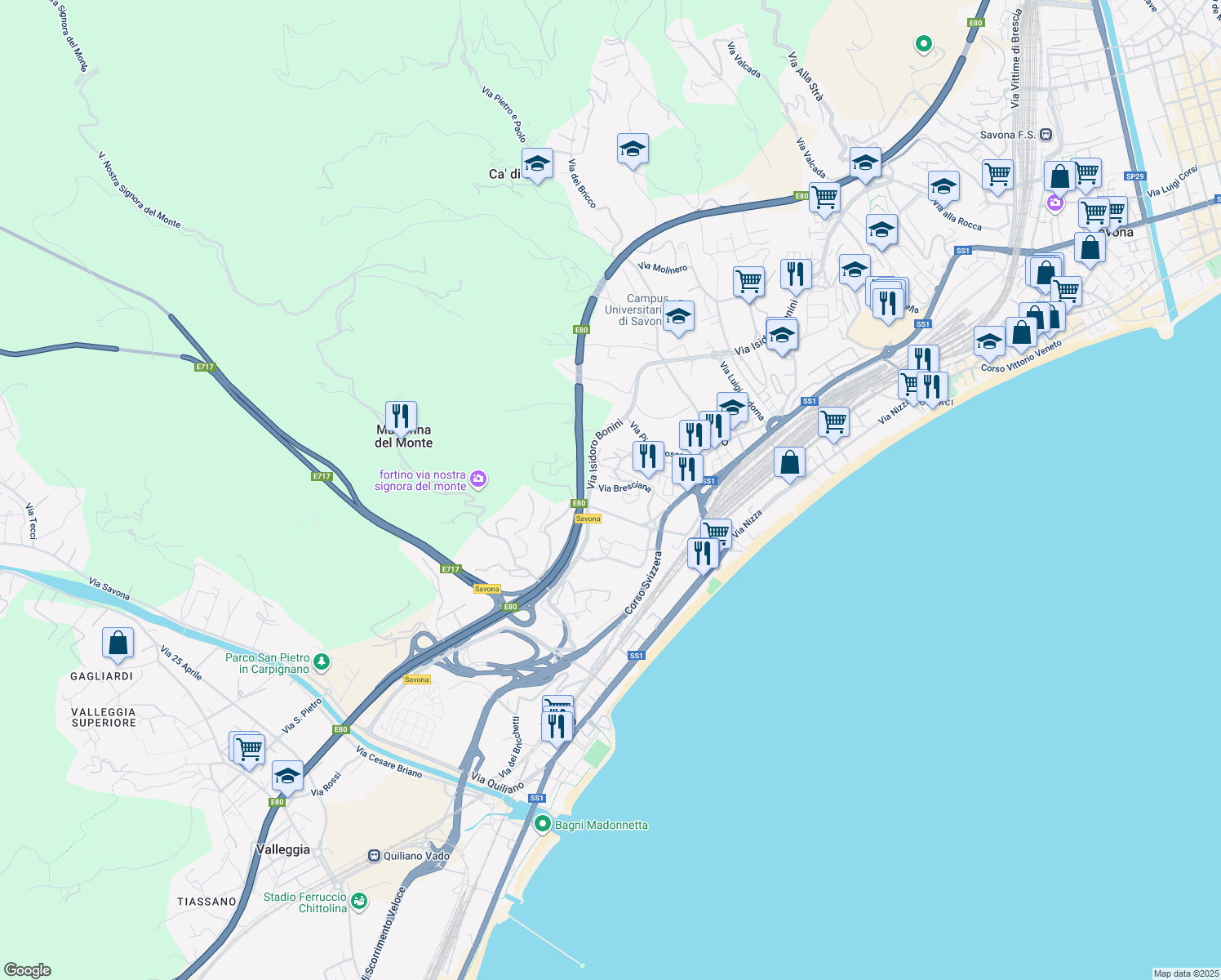 map of restaurants, bars, coffee shops, grocery stores, and more near 31 Via Bresciana in Savona