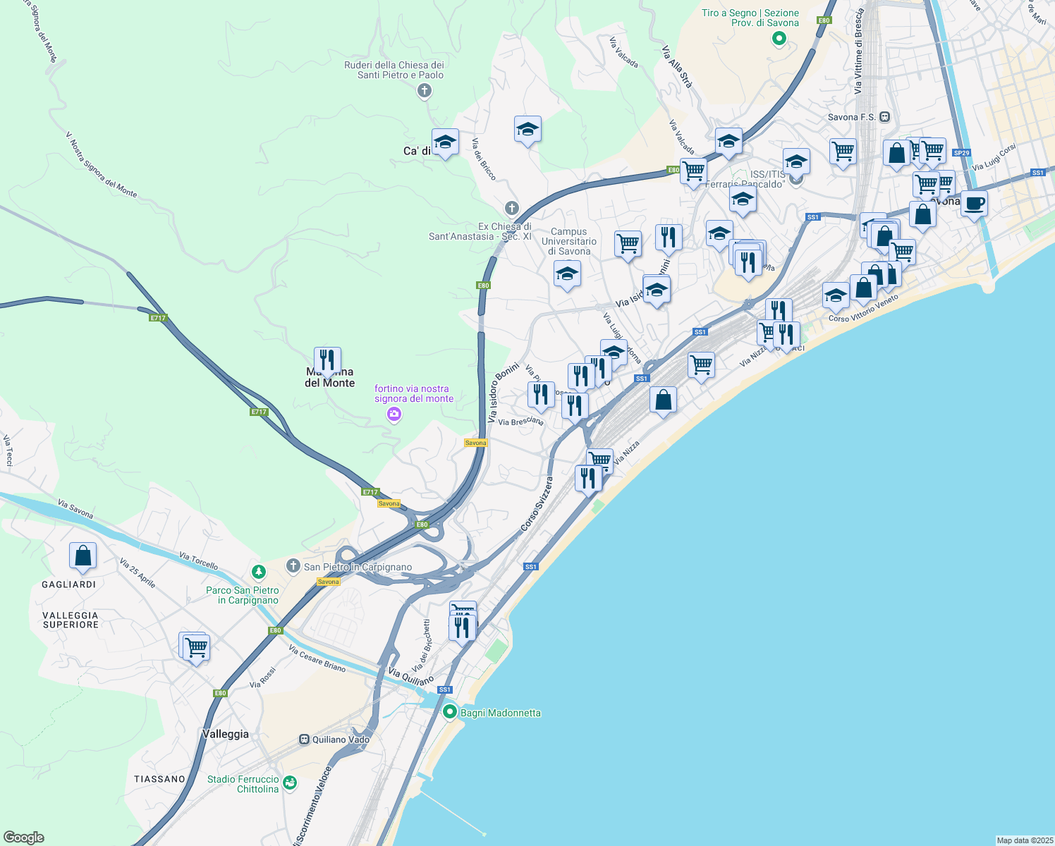 map of restaurants, bars, coffee shops, grocery stores, and more near 17 Via Bresciana in Savona