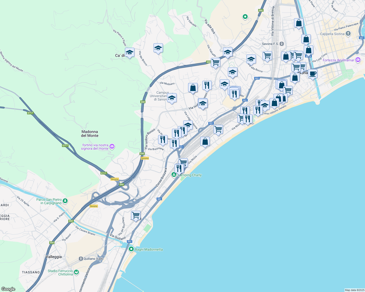 map of restaurants, bars, coffee shops, grocery stores, and more near Piazzale Amburgo in Savona
