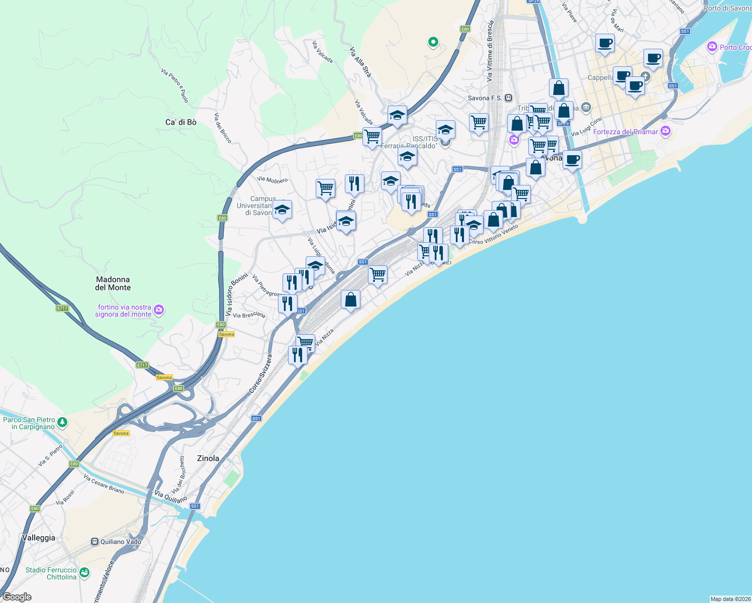 map of restaurants, bars, coffee shops, grocery stores, and more near 25 Via Nizza in Savona
