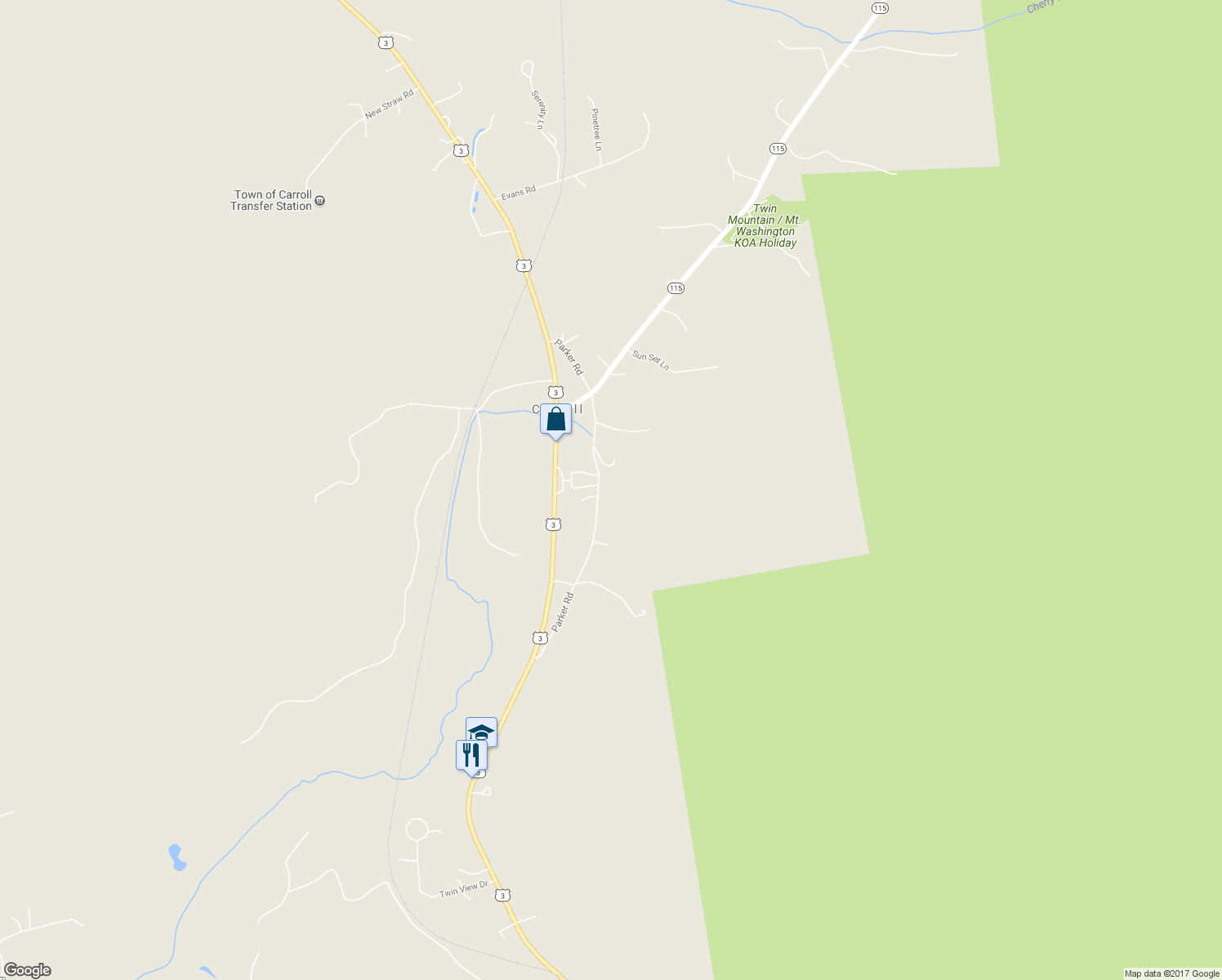 map of restaurants, bars, coffee shops, grocery stores, and more near 250 Parker Road in Carroll