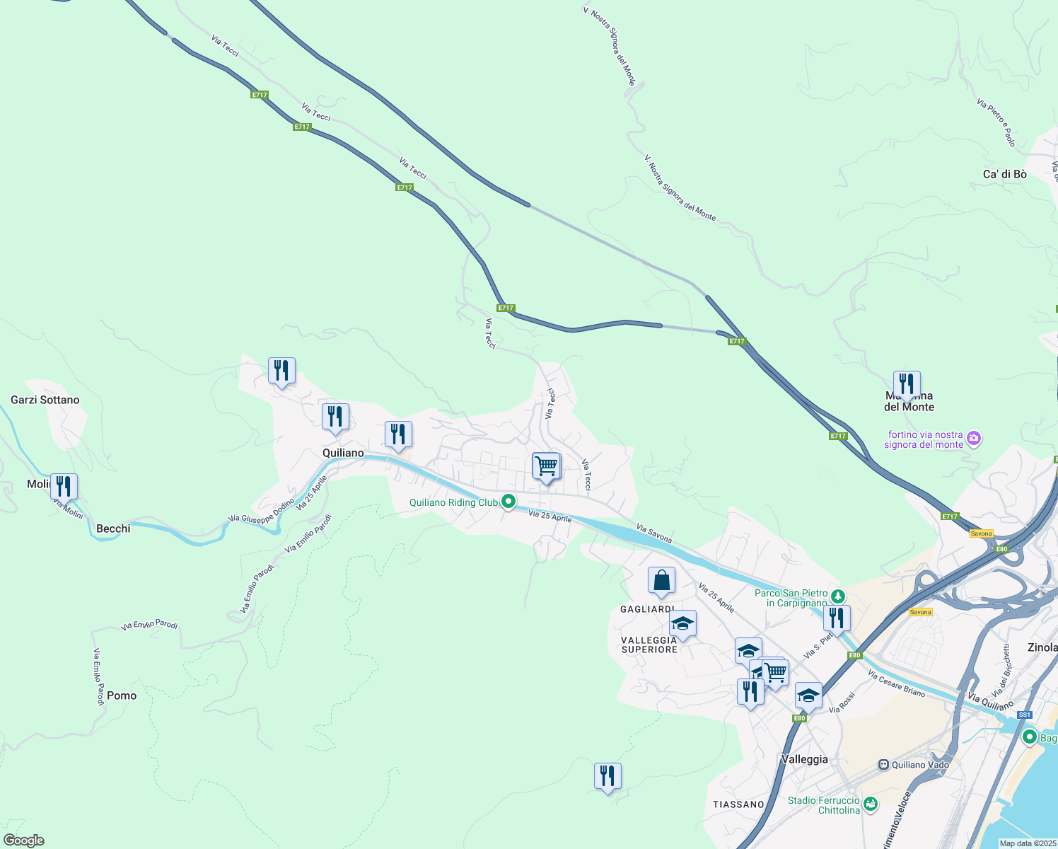 map of restaurants, bars, coffee shops, grocery stores, and more near 15 Via San Rocco in Quiliano