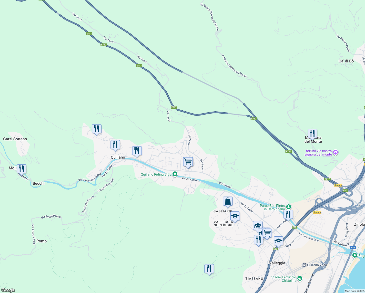 map of restaurants, bars, coffee shops, grocery stores, and more near 15 Via San Rocco in Quiliano