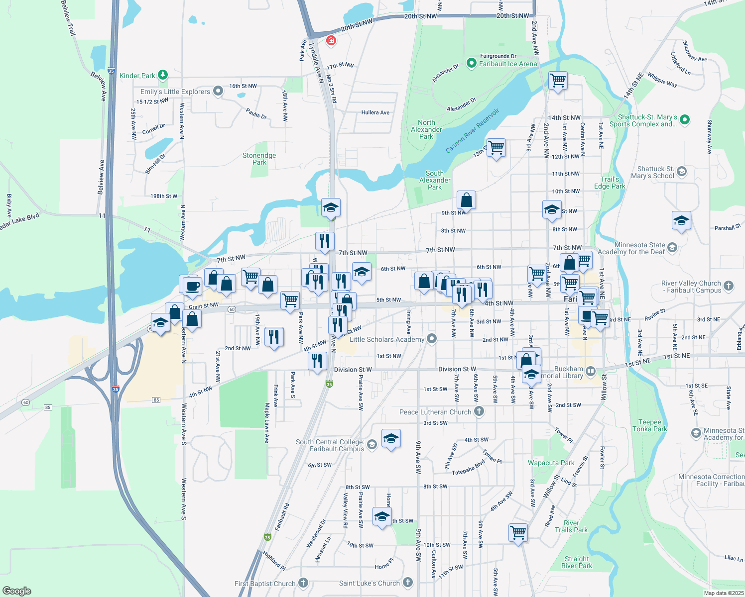 map of restaurants, bars, coffee shops, grocery stores, and more near 448 Lincoln Avenue Northwest in Faribault