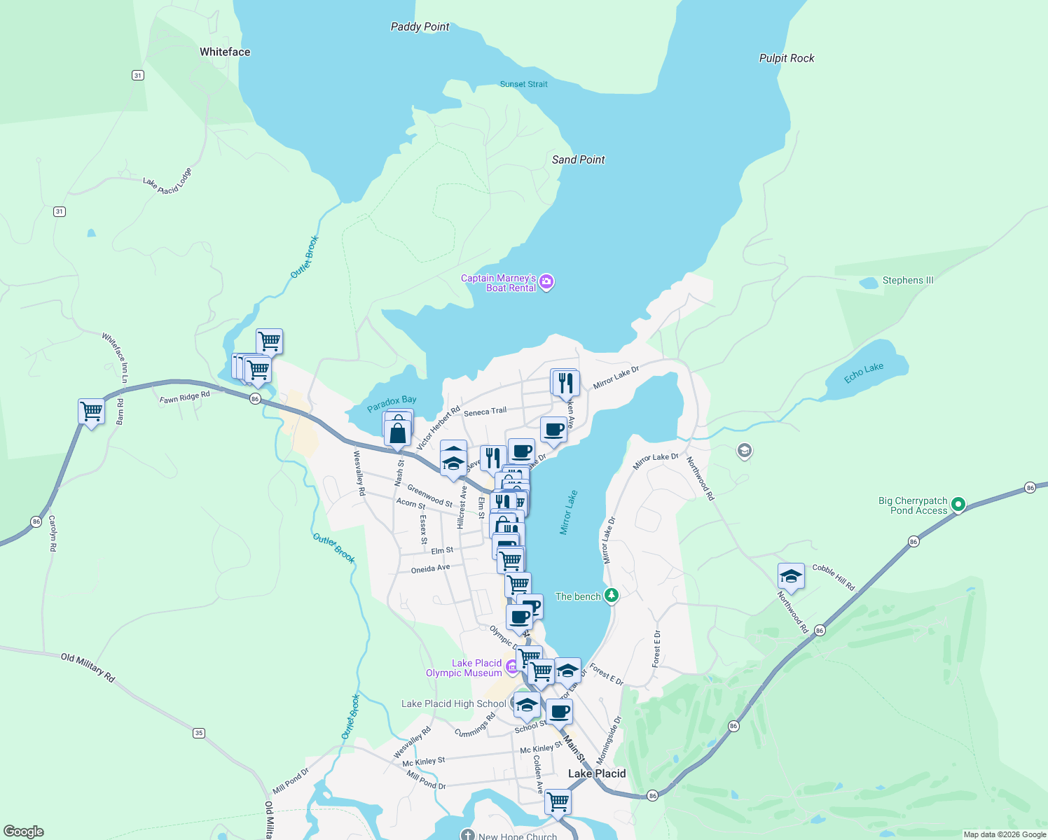 map of restaurants, bars, coffee shops, grocery stores, and more near 3 Signal Hill Road in Lake Placid