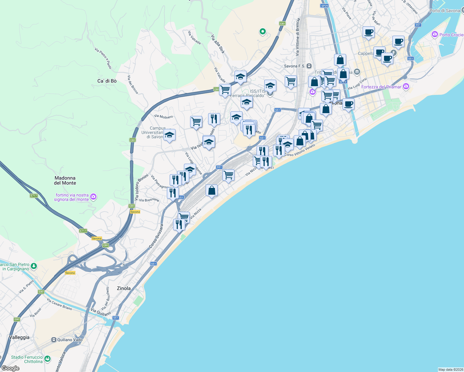 map of restaurants, bars, coffee shops, grocery stores, and more near 25 Via Nizza in Savona
