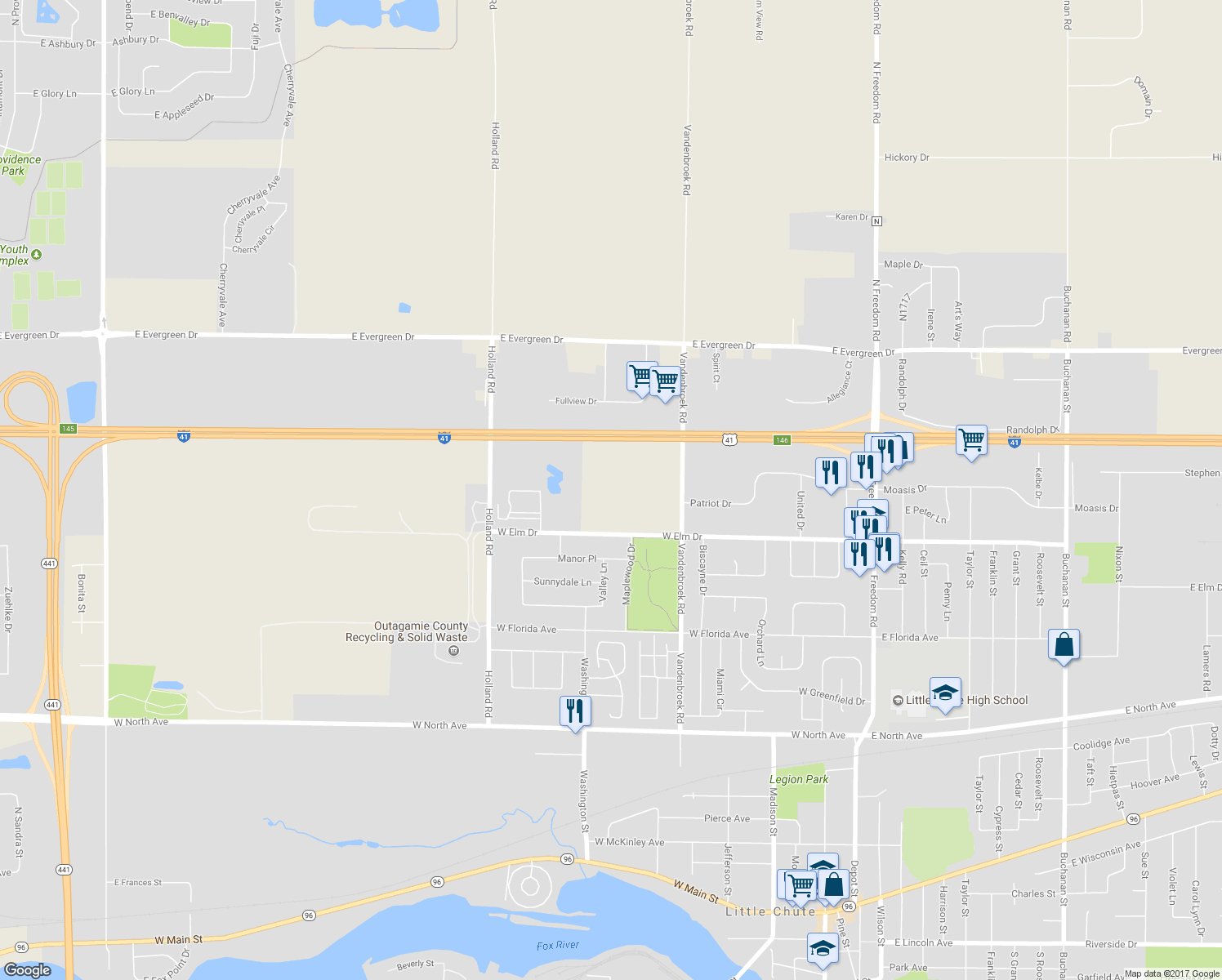 map of restaurants, bars, coffee shops, grocery stores, and more near W2760 West Elm Drive in Little Chute