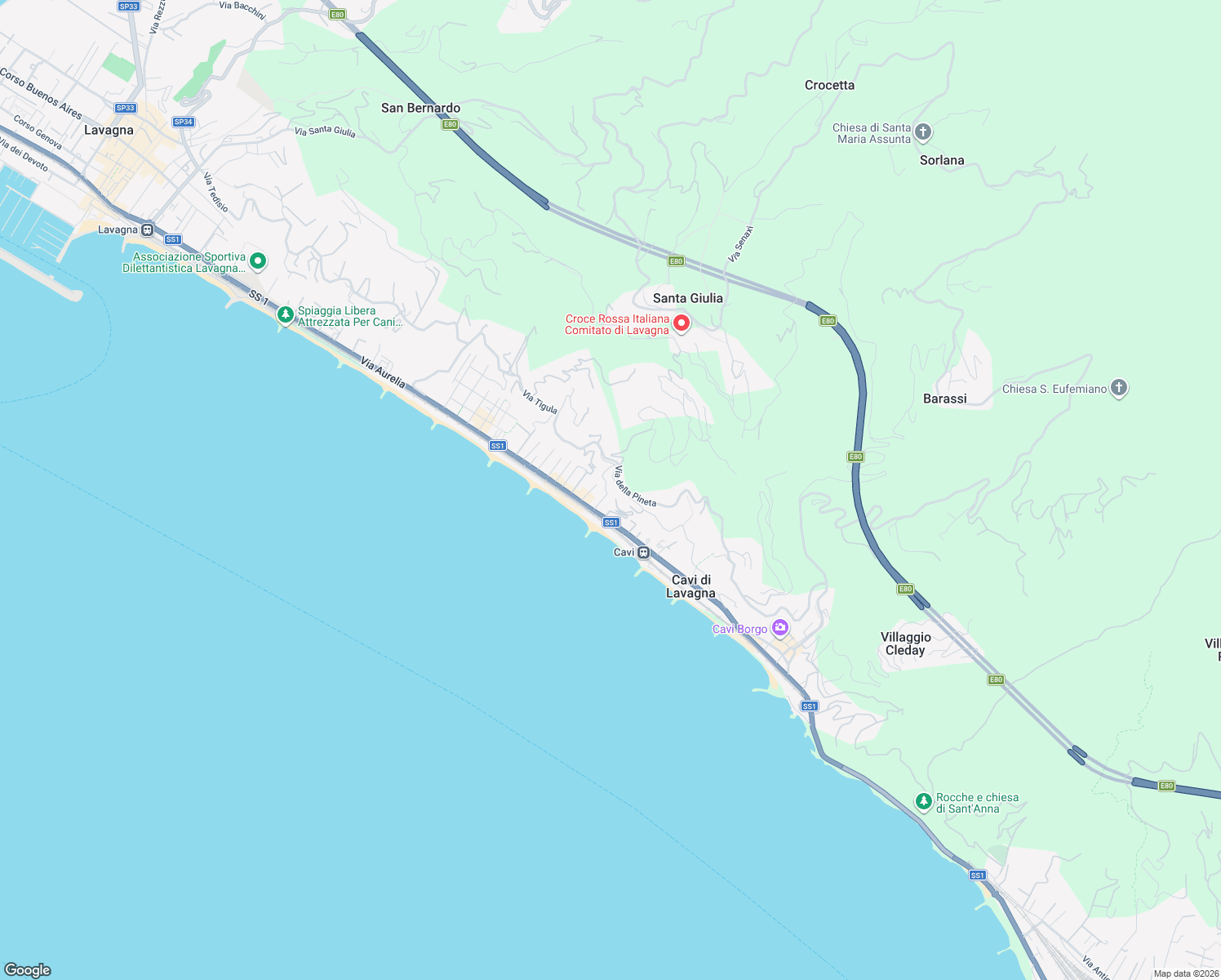 map of restaurants, bars, coffee shops, grocery stores, and more near 83 Via Modena in Lavagna