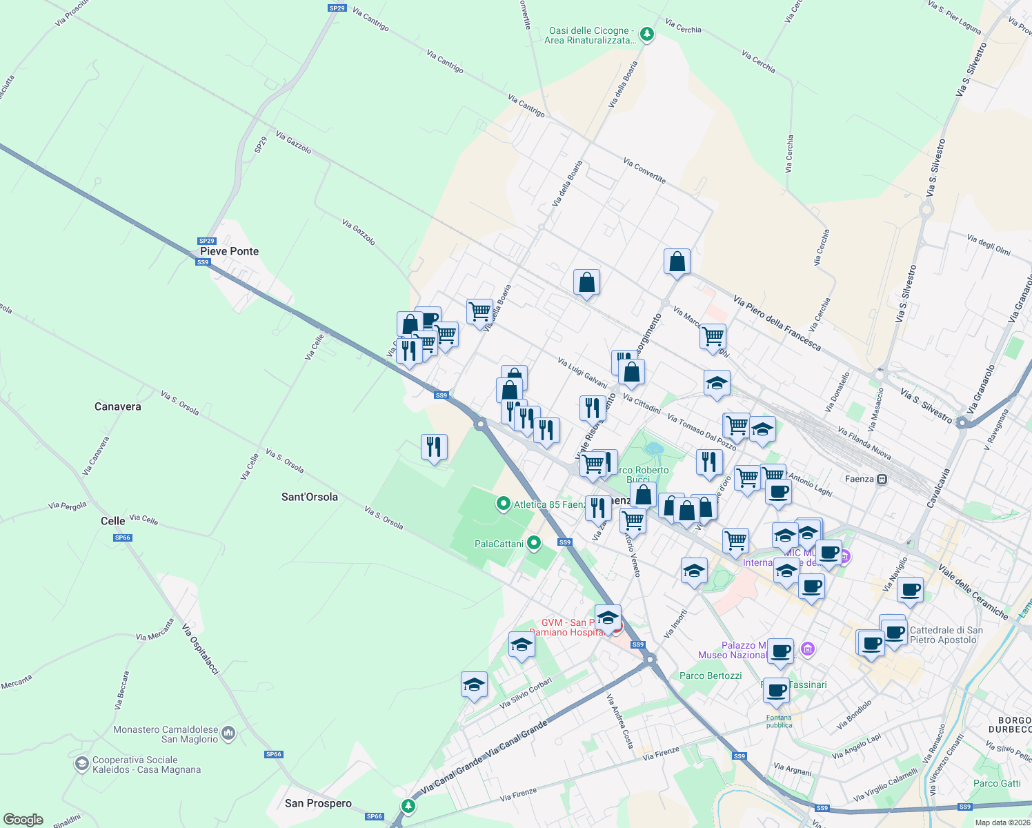 map of restaurants, bars, coffee shops, grocery stores, and more near 6 Via Galileo Galilei in Faenza