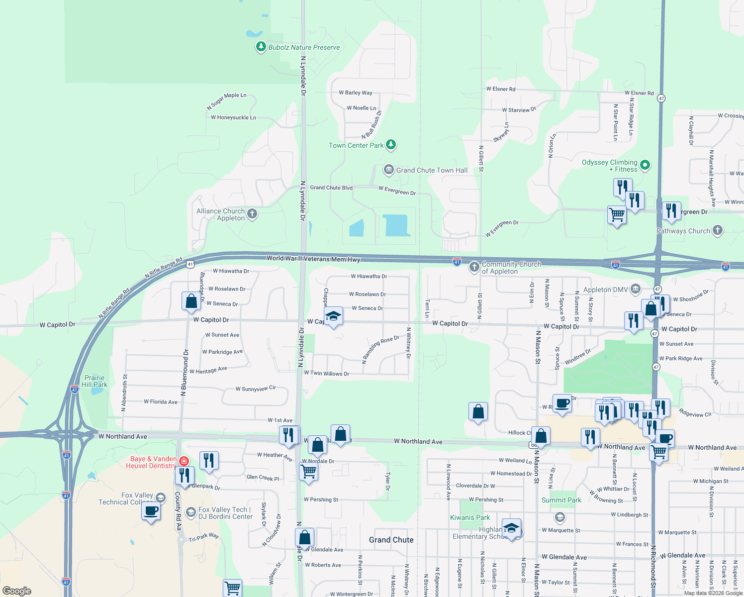 map of restaurants, bars, coffee shops, grocery stores, and more near 2221 West Roselawn Drive in Appleton