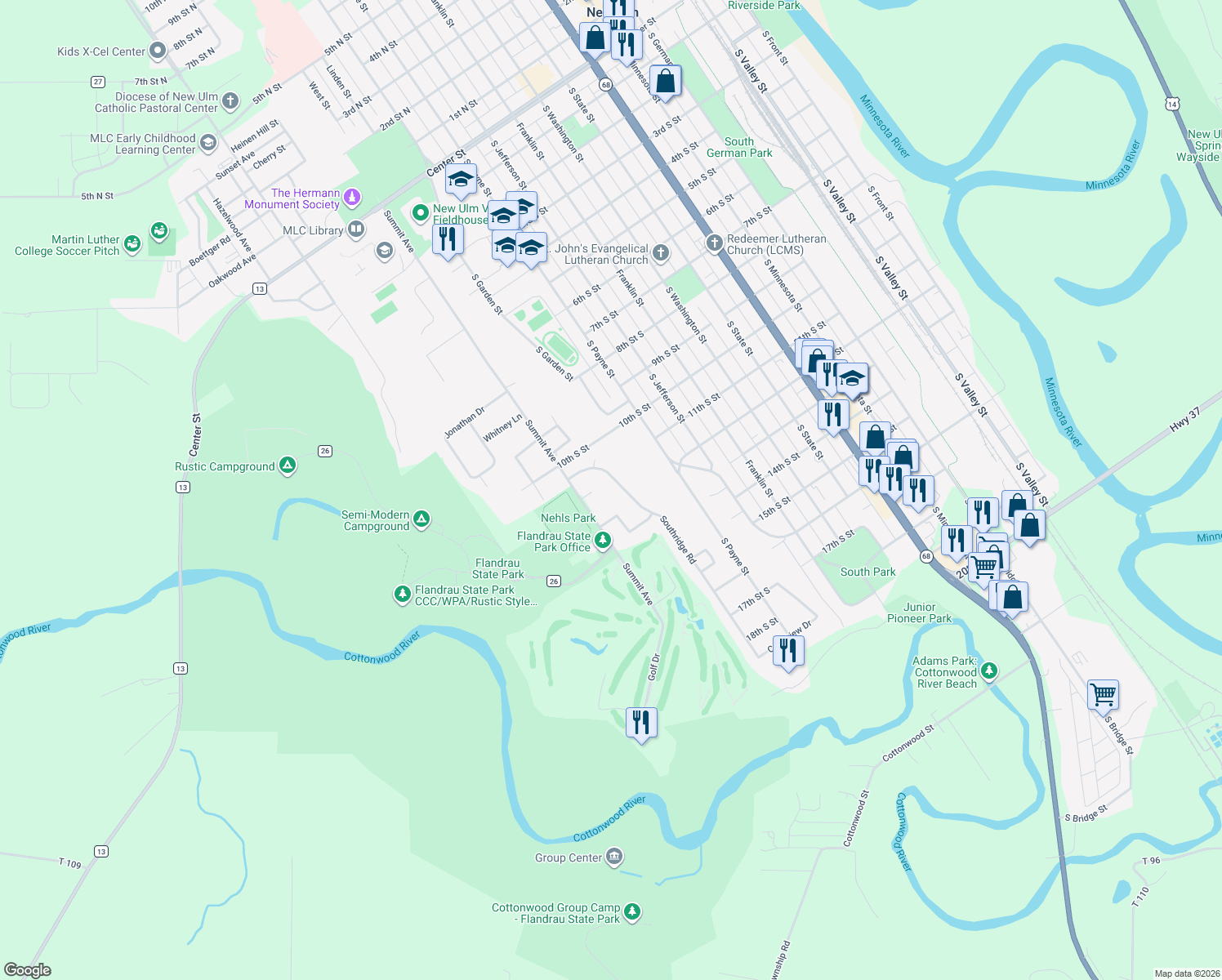 map of restaurants, bars, coffee shops, grocery stores, and more near 1112 Southridge Road in New Ulm