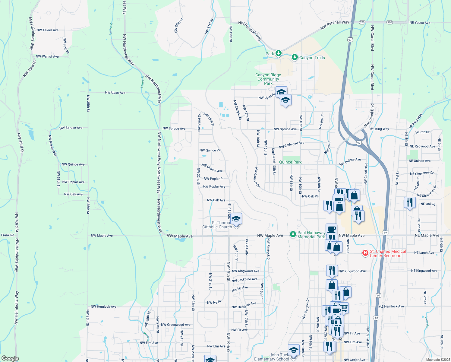 map of restaurants, bars, coffee shops, grocery stores, and more near 1934 Northwest Poplar Place in Redmond