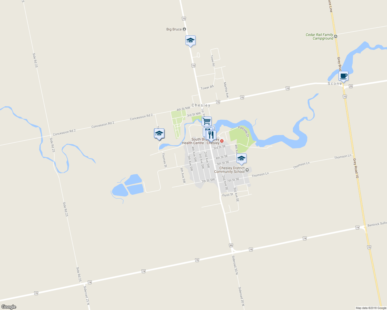 map of restaurants, bars, coffee shops, grocery stores, and more near 83 3rd Street Southwest in Chesley