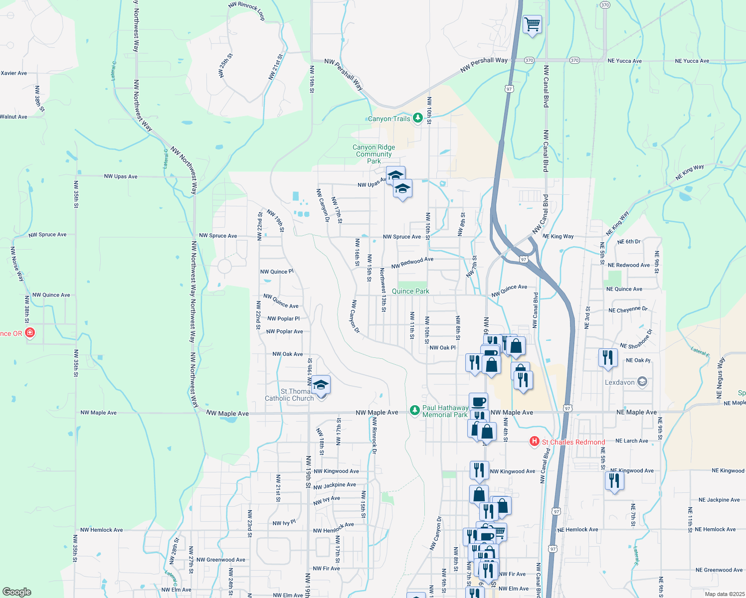 map of restaurants, bars, coffee shops, grocery stores, and more near 2352 NW 15th St in Redmond