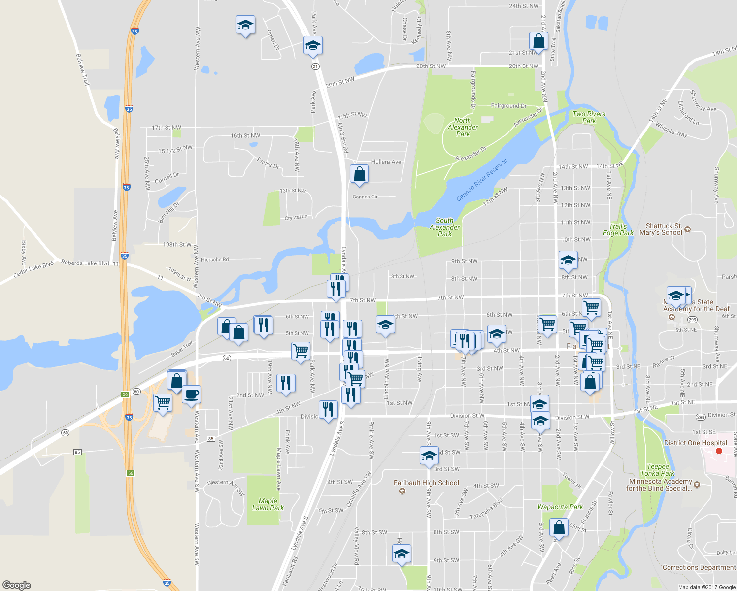 map of restaurants, bars, coffee shops, grocery stores, and more near 1308 7th Street Northwest in Faribault
