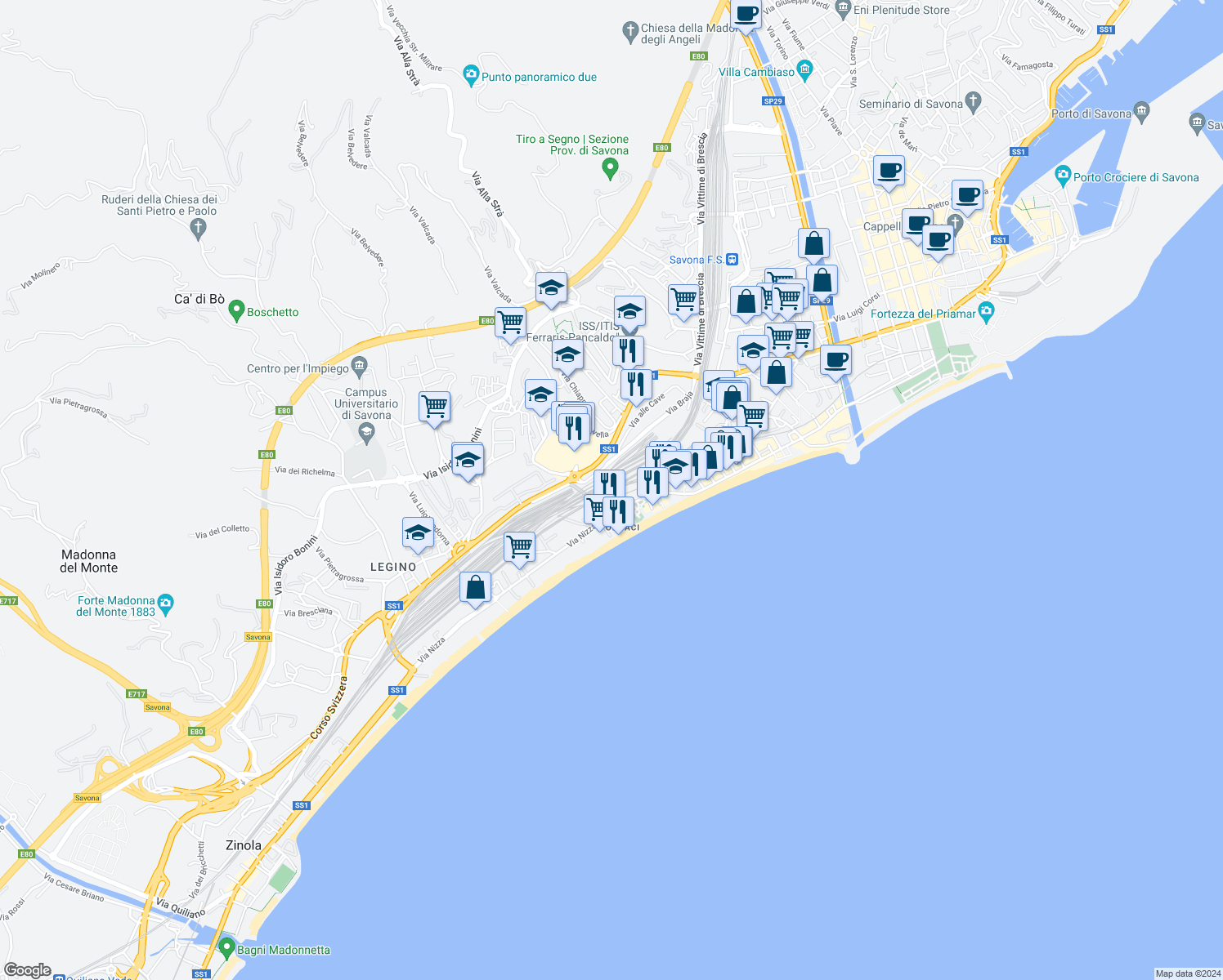 map of restaurants, bars, coffee shops, grocery stores, and more near in Province of Savona