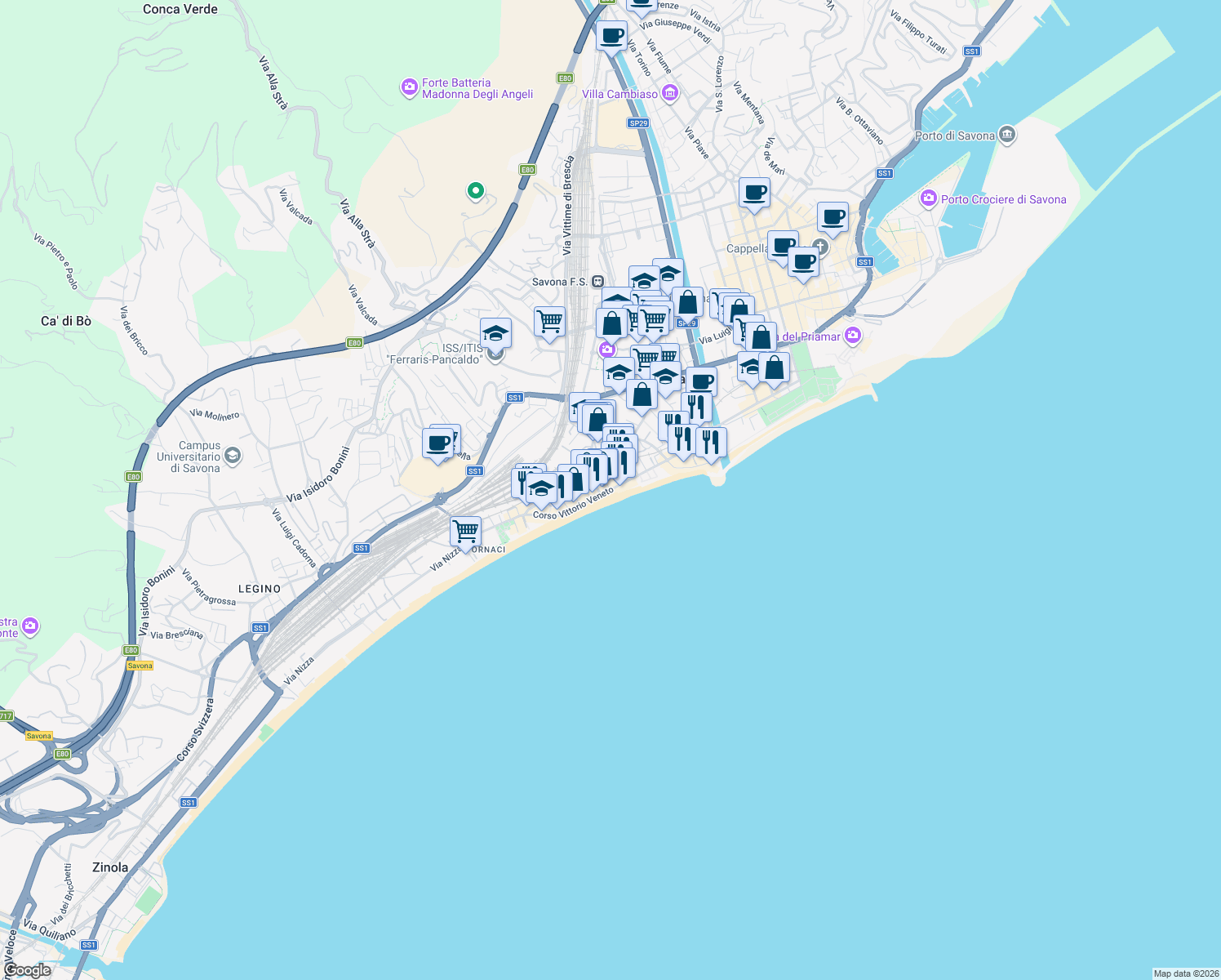 map of restaurants, bars, coffee shops, grocery stores, and more near 116 Corso Vittorio Veneto in Savona