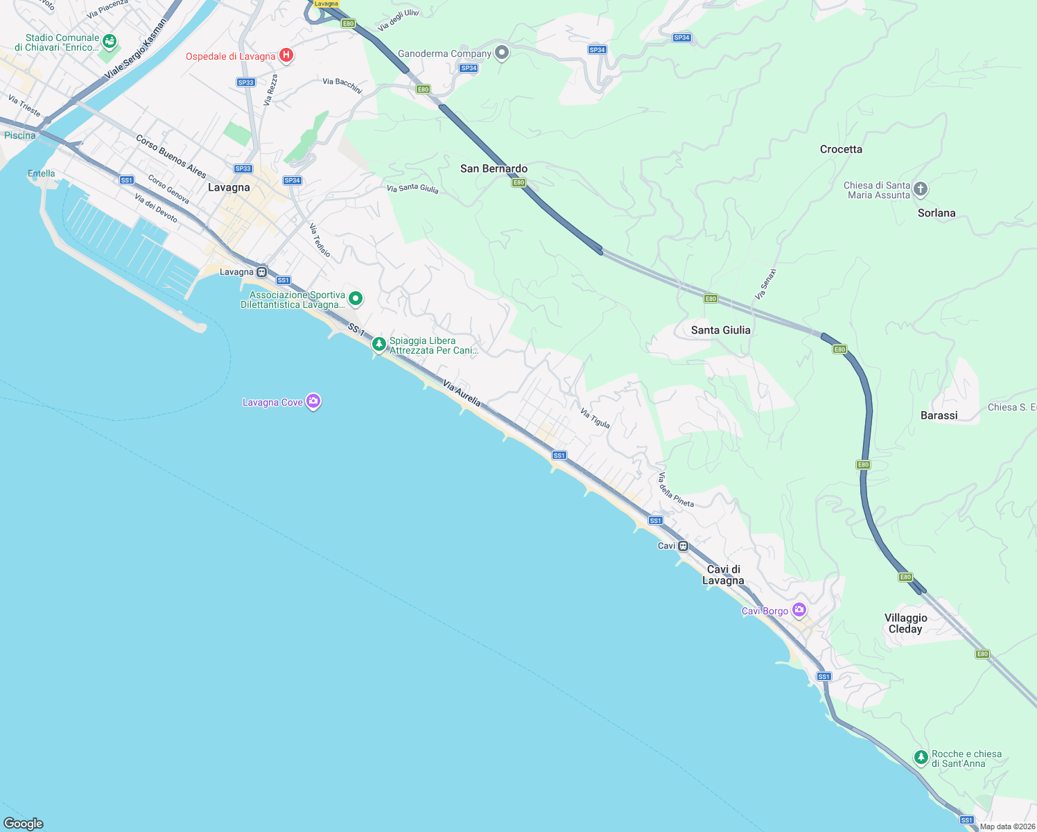 map of restaurants, bars, coffee shops, grocery stores, and more near 21 Via Legnano in Lavagna