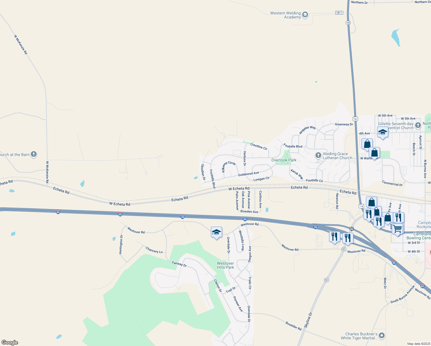 map of restaurants, bars, coffee shops, grocery stores, and more near Apex Ct in Gillette
