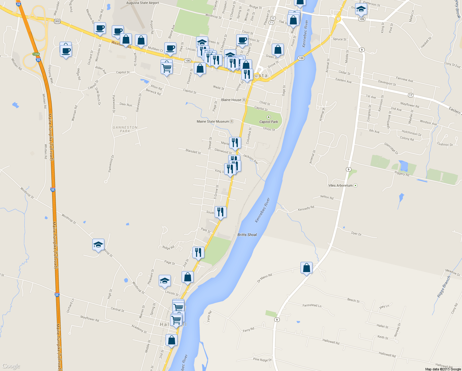 map of restaurants, bars, coffee shops, grocery stores, and more near 303 State Street in Augusta