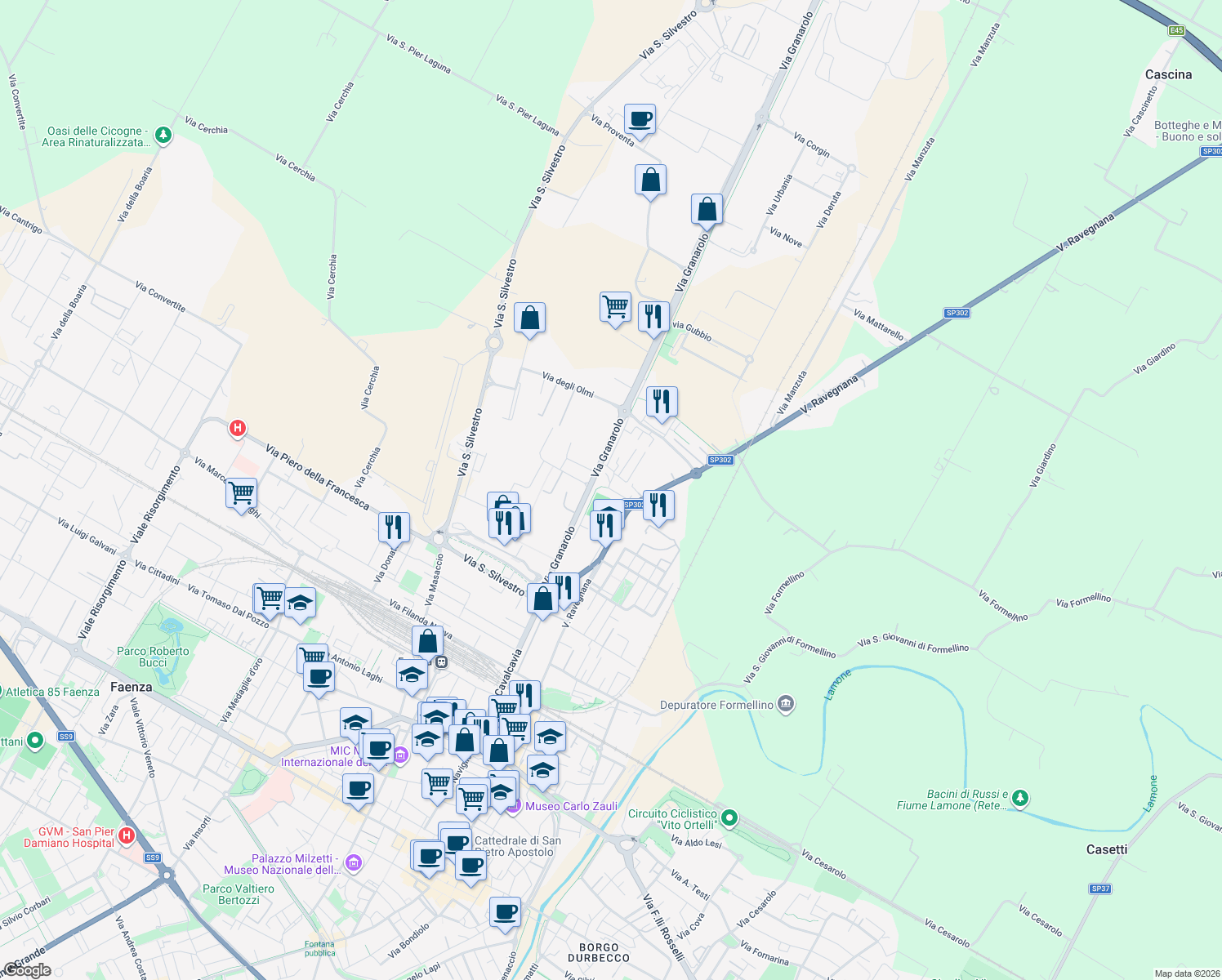 map of restaurants, bars, coffee shops, grocery stores, and more near 14 Via Borgo San Rocco in Faenza