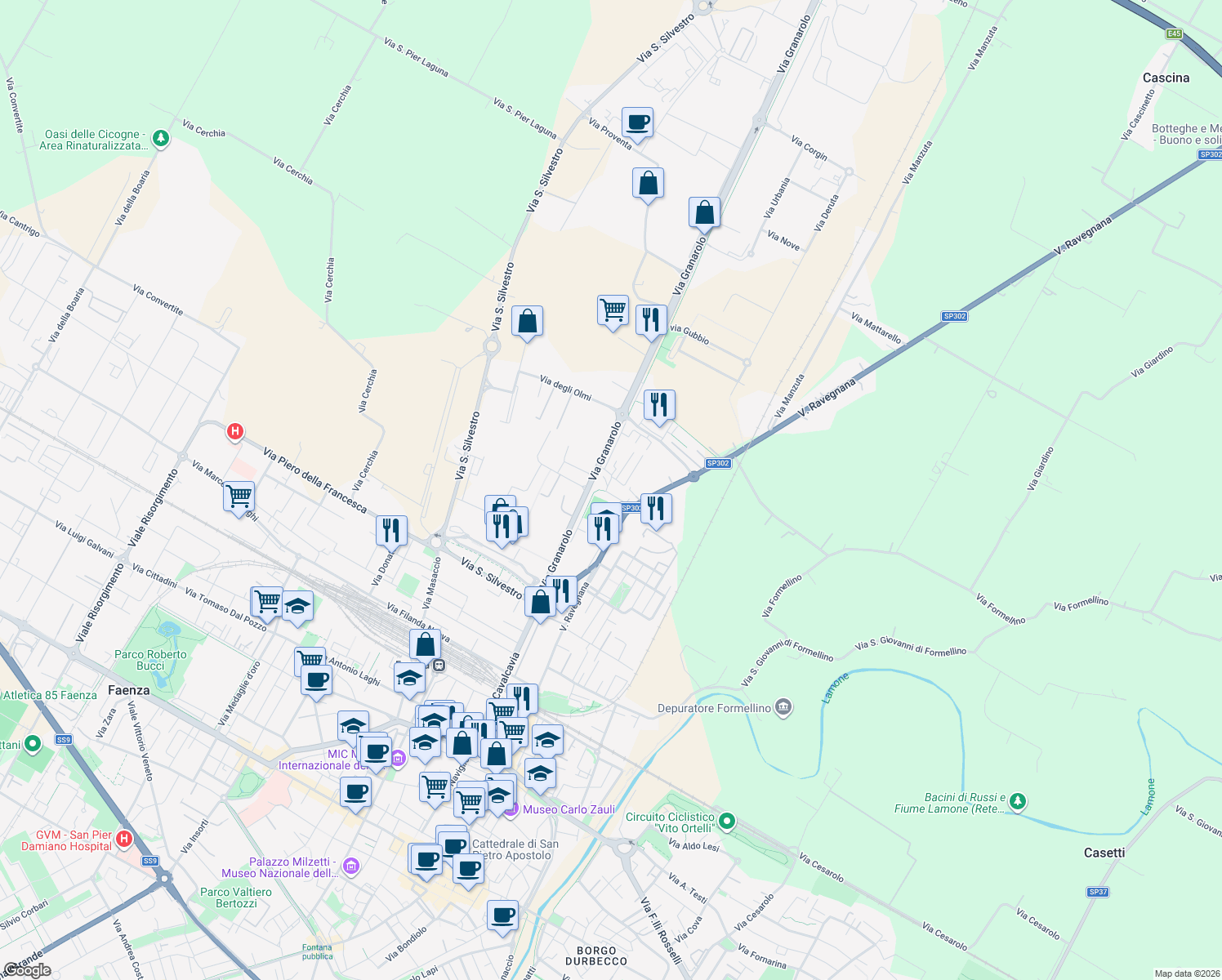 map of restaurants, bars, coffee shops, grocery stores, and more near 14 Via Borgo San Rocco in Faenza