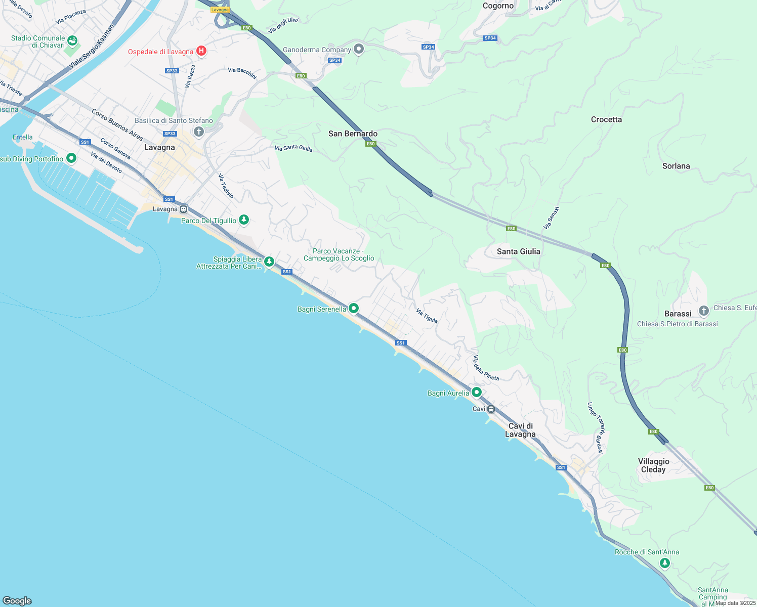 map of restaurants, bars, coffee shops, grocery stores, and more near 21 Via Legnano in Lavagna