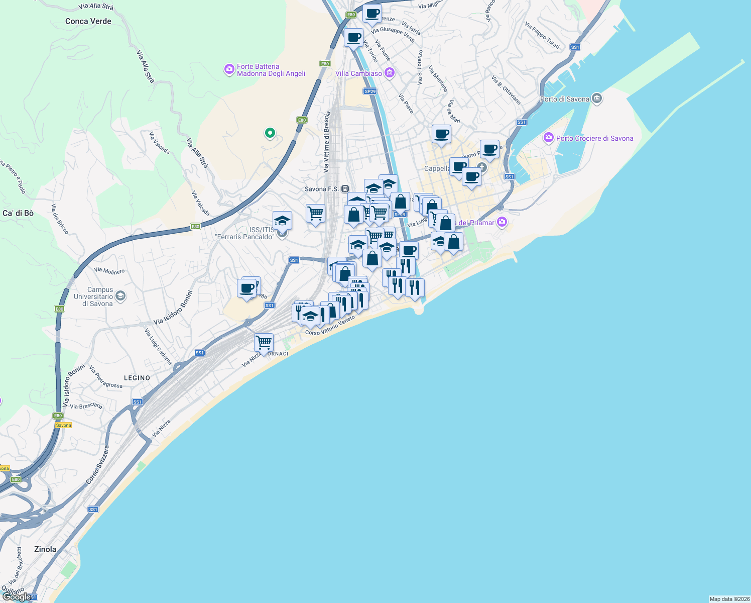 map of restaurants, bars, coffee shops, grocery stores, and more near 14 Corso Vittorio Veneto in Savona