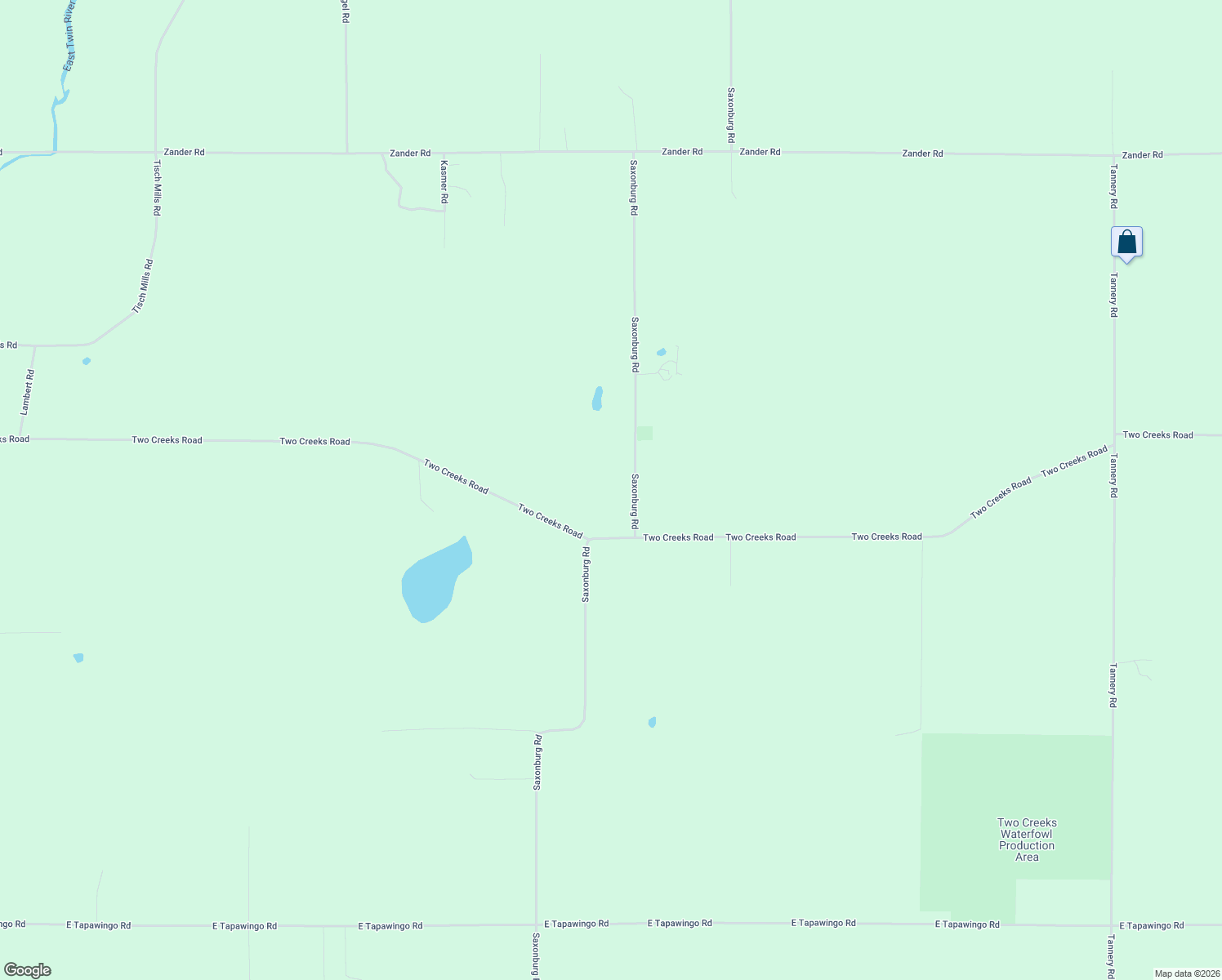 map of restaurants, bars, coffee shops, grocery stores, and more near 2618 Two Creeks Road in Mishicot