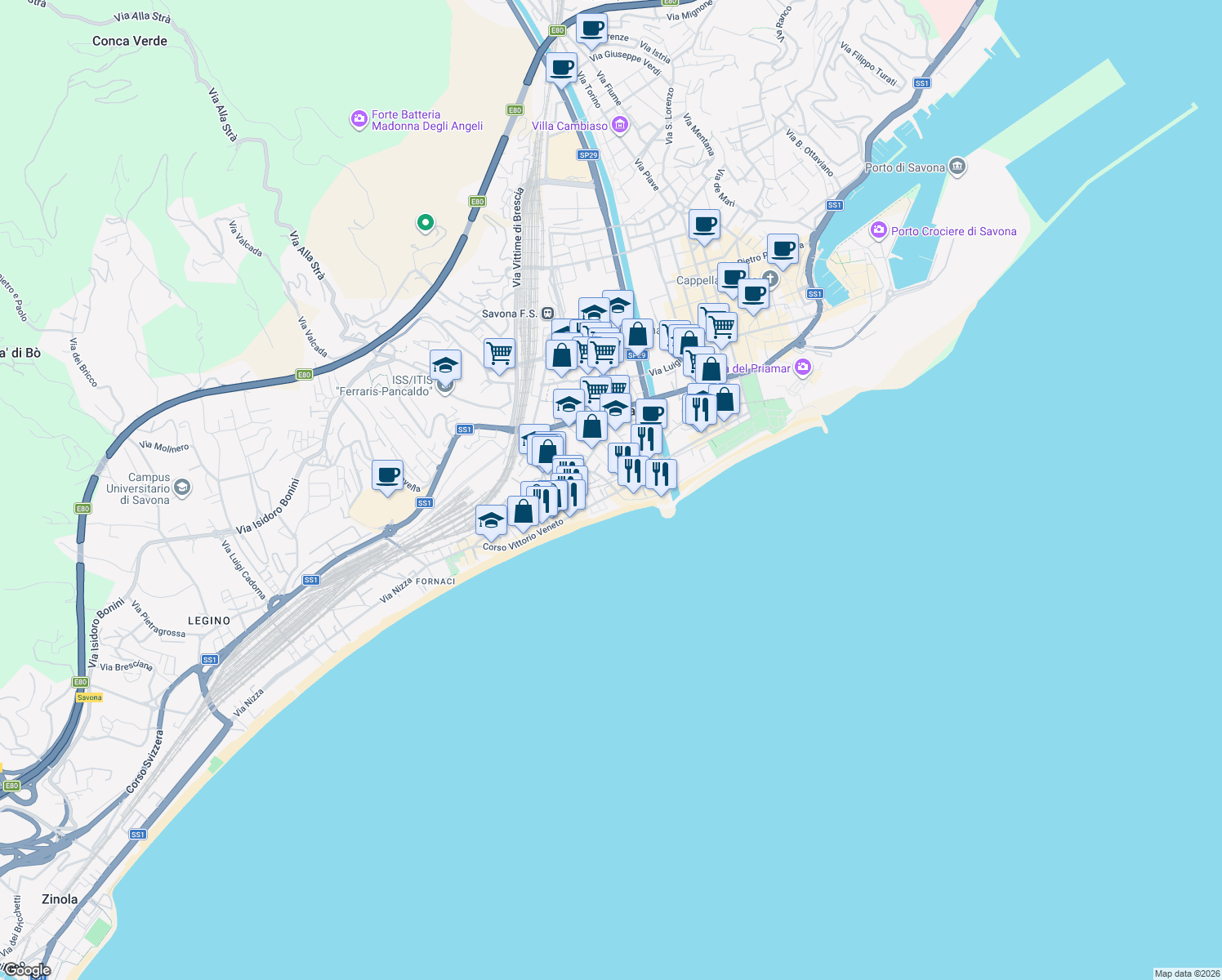 map of restaurants, bars, coffee shops, grocery stores, and more near 14 Corso Vittorio Veneto in Savona