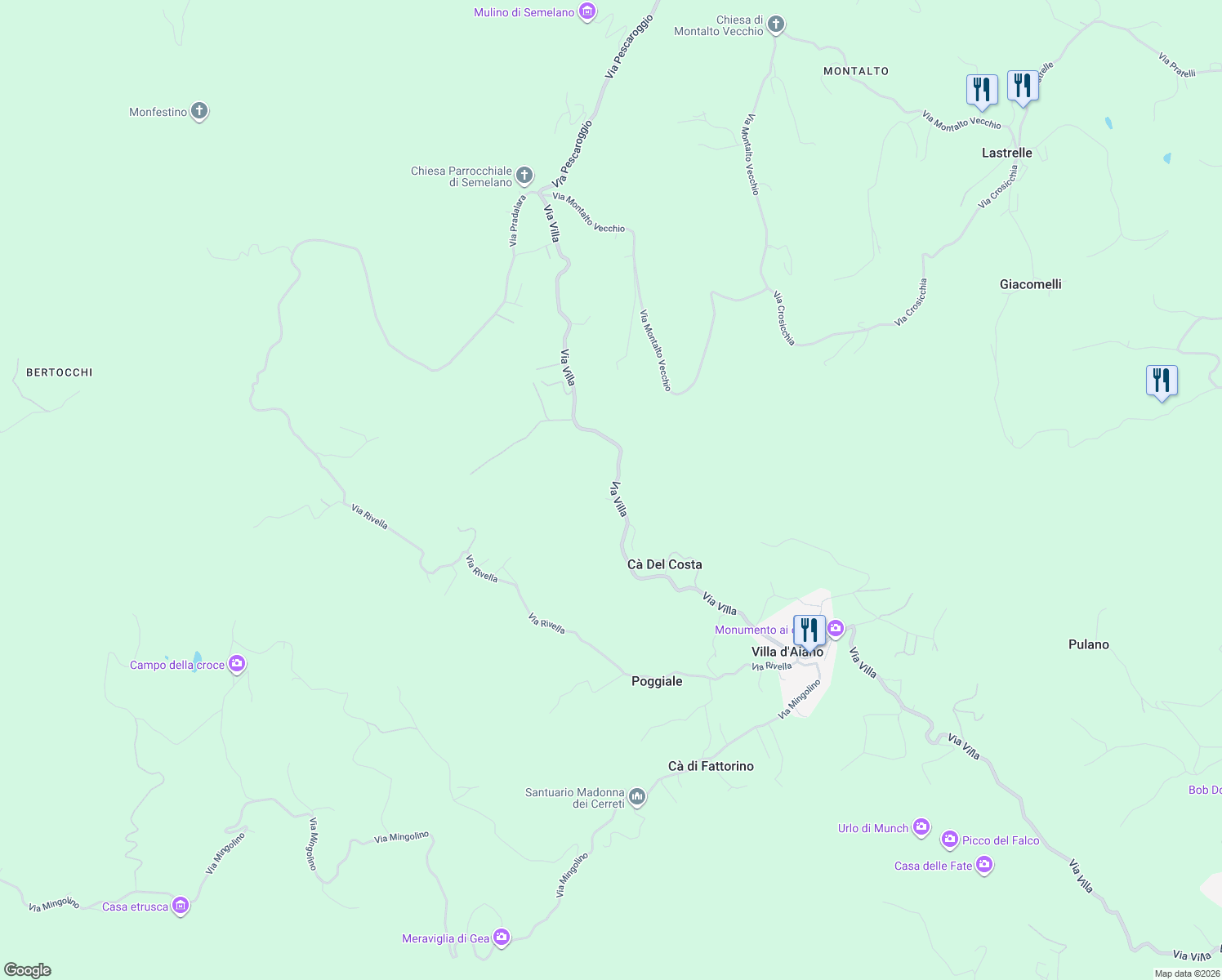 map of restaurants, bars, coffee shops, grocery stores, and more near 117 Via Villa in Castel D`Aiano