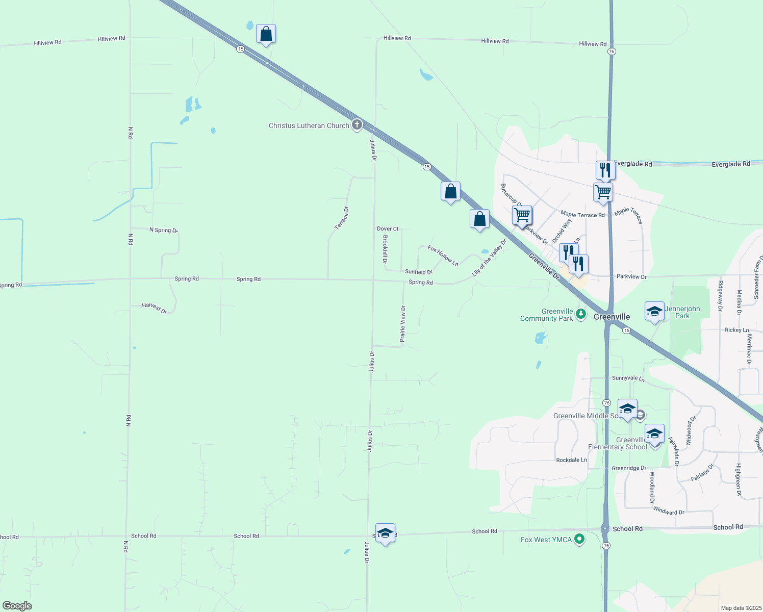 map of restaurants, bars, coffee shops, grocery stores, and more near N1668 Julius Dr in Greenville