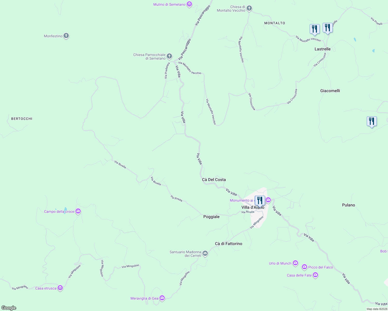 map of restaurants, bars, coffee shops, grocery stores, and more near 117 Via Villa in Castel D`Aiano