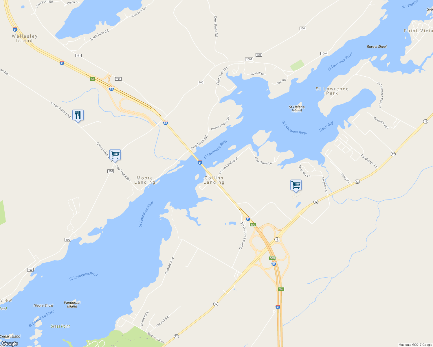 map of restaurants, bars, coffee shops, grocery stores, and more near 19581 Collins Landing East in Alexandria Bay