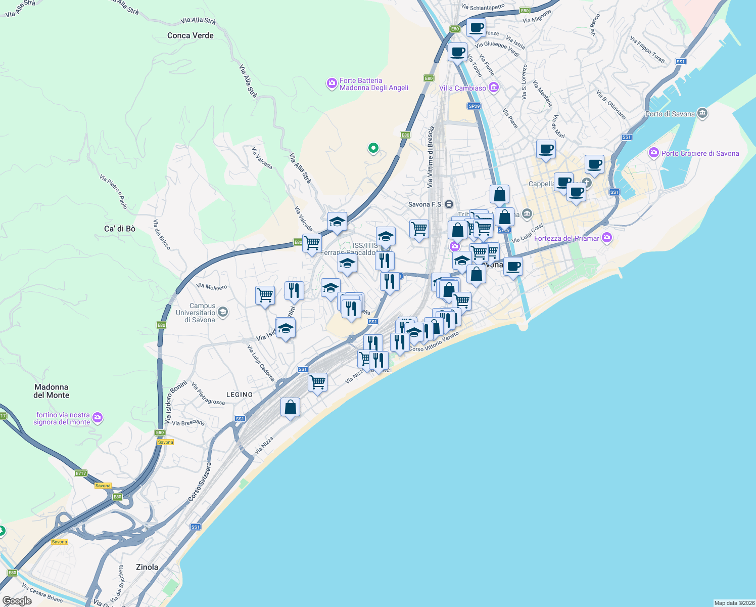 map of restaurants, bars, coffee shops, grocery stores, and more near 22 Via Chiappino in Savona