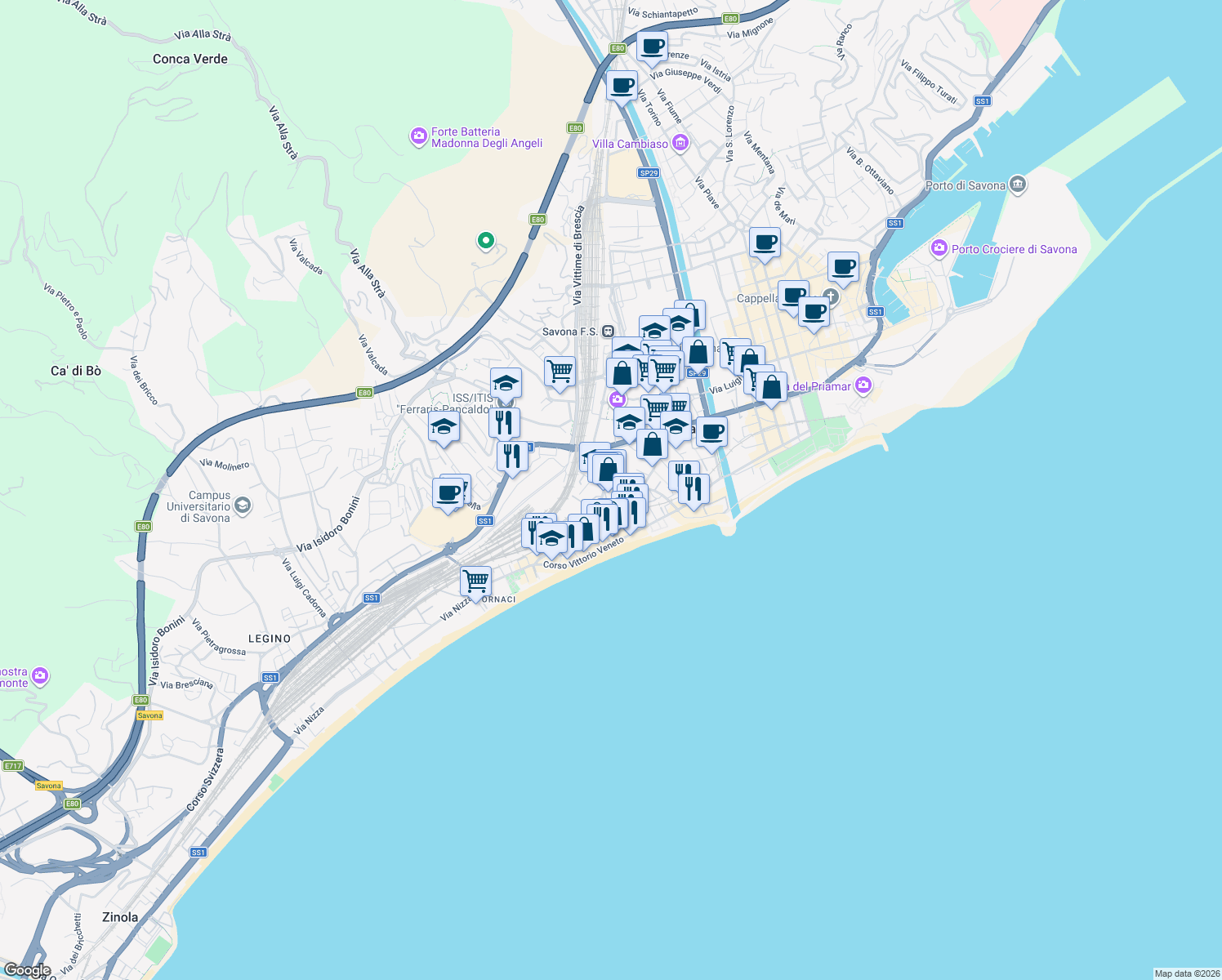 map of restaurants, bars, coffee shops, grocery stores, and more near 30 Via Giovanni Servettaz in Savona