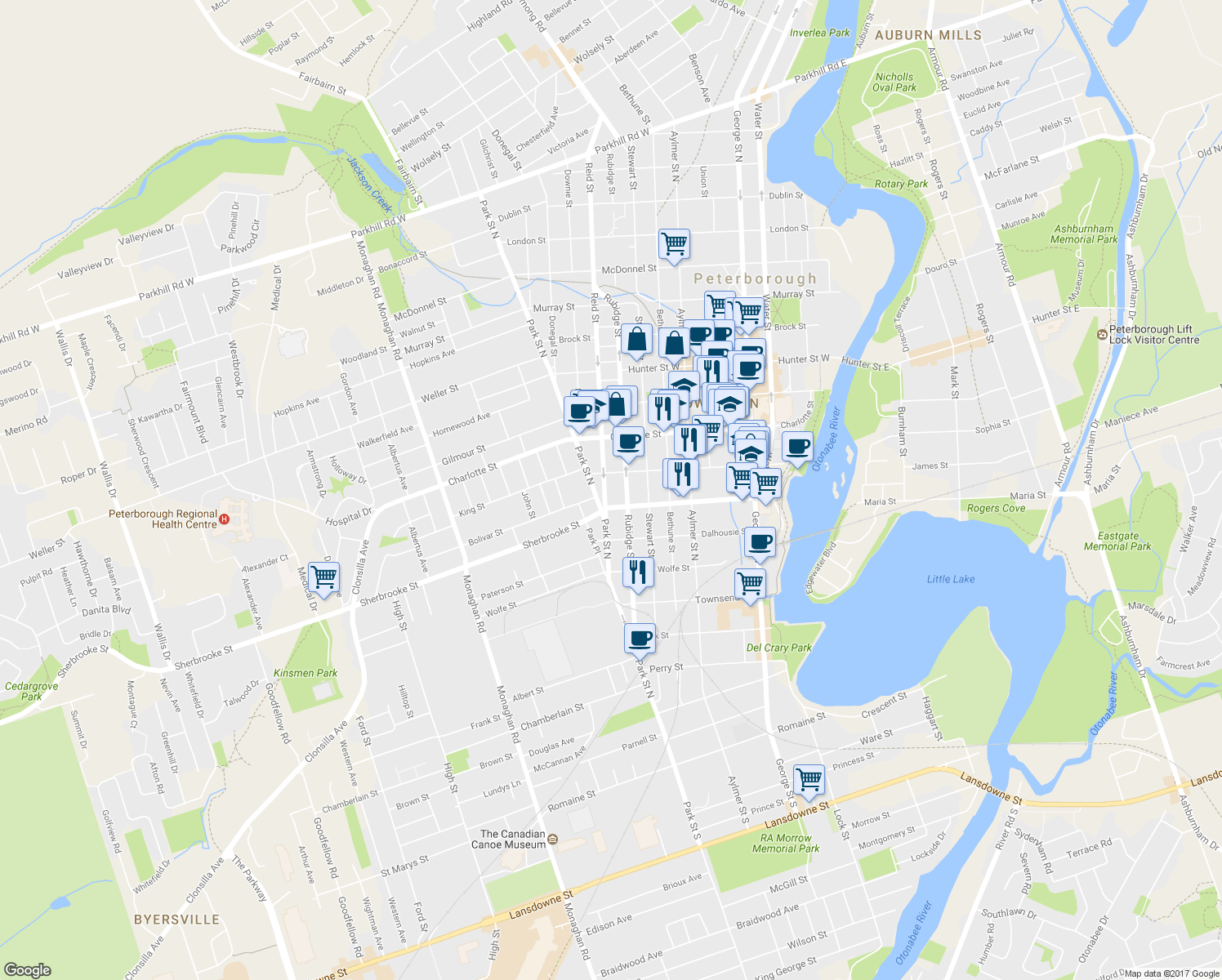 map of restaurants, bars, coffee shops, grocery stores, and more near in Peterborough