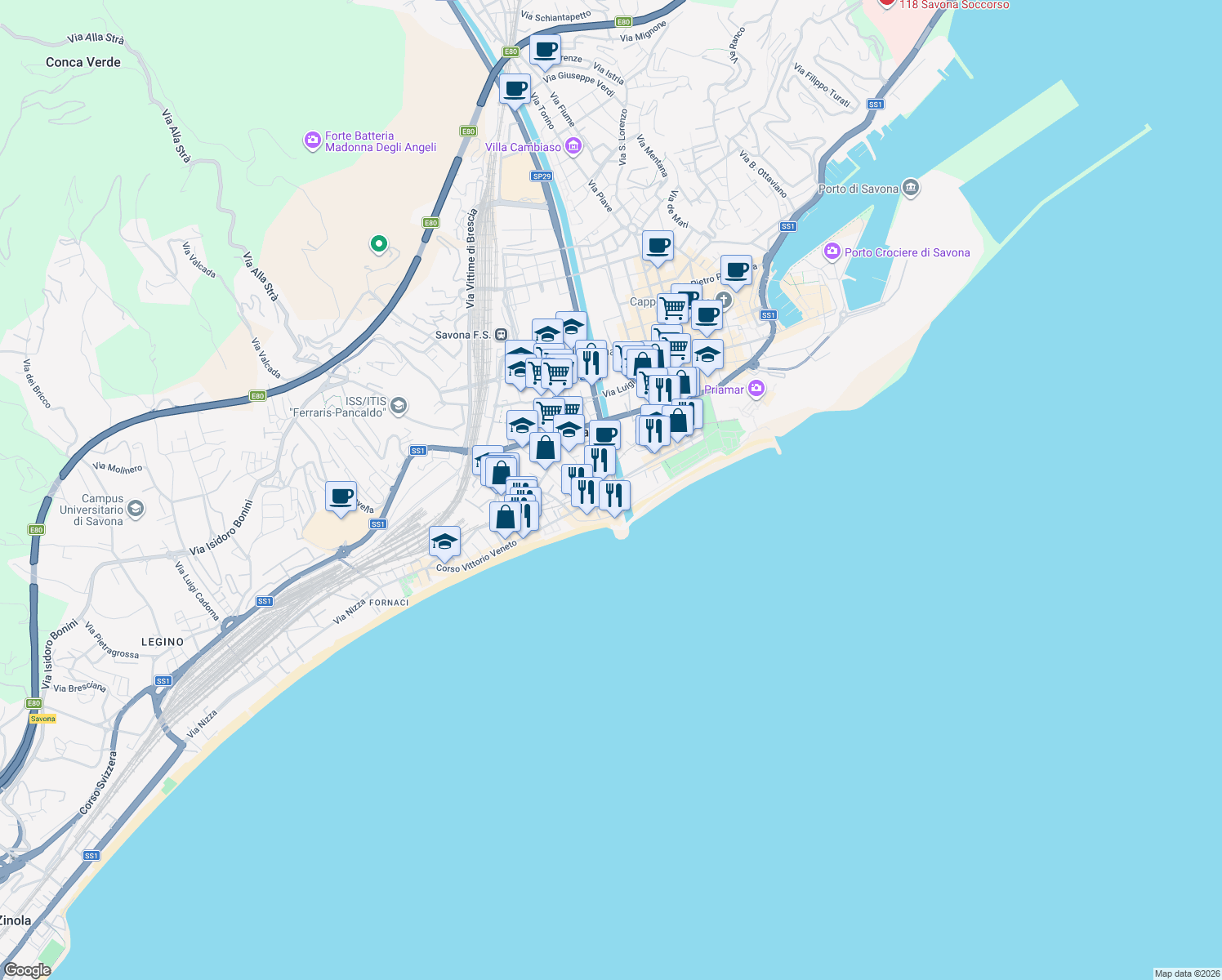map of restaurants, bars, coffee shops, grocery stores, and more near 6/r Via Domenico Cimarosa in Savona