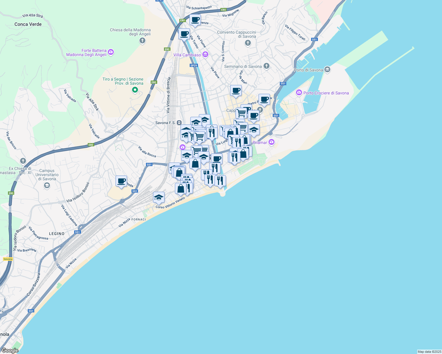 map of restaurants, bars, coffee shops, grocery stores, and more near 6/r Via Domenico Cimarosa in Savona