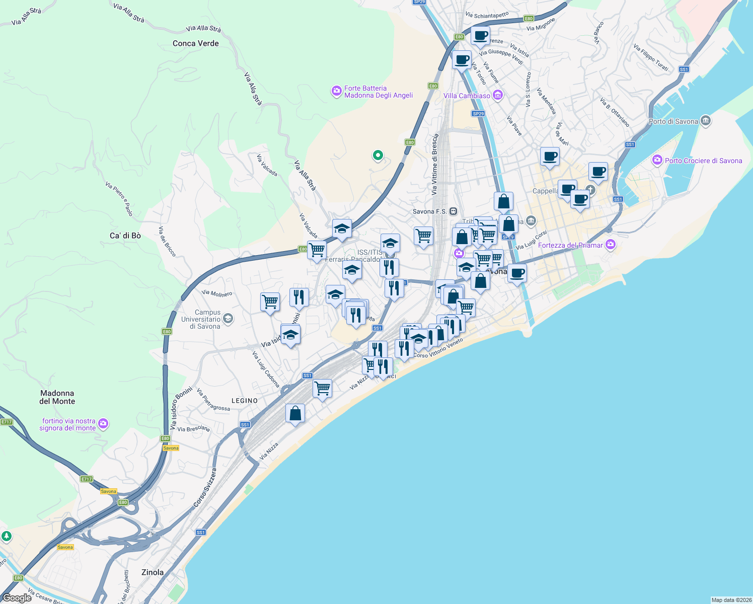 map of restaurants, bars, coffee shops, grocery stores, and more near 22 Via del Chiappino in Savona