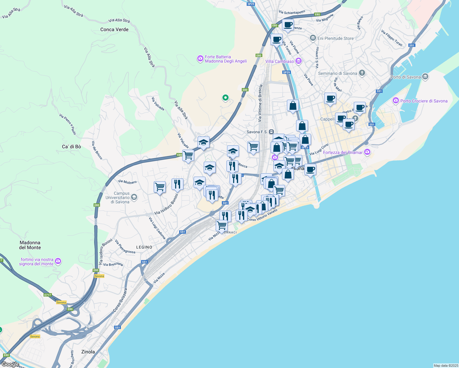 map of restaurants, bars, coffee shops, grocery stores, and more near Via Luciano Romagnoli in Savona