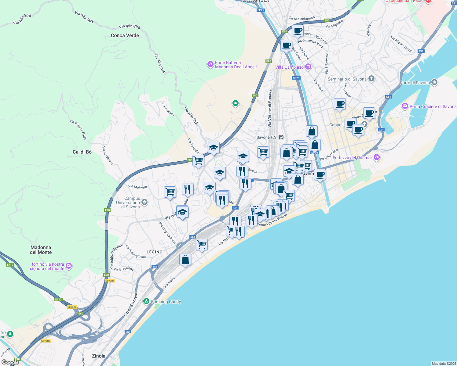 map of restaurants, bars, coffee shops, grocery stores, and more near 67 Via Osvaldo Gnocchi Viani in Savona