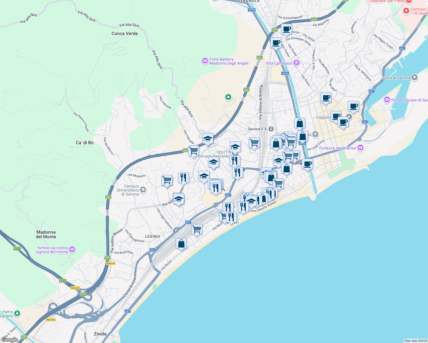 map of restaurants, bars, coffee shops, grocery stores, and more near 67 Via Osvaldo Gnocchi Viani in Savona