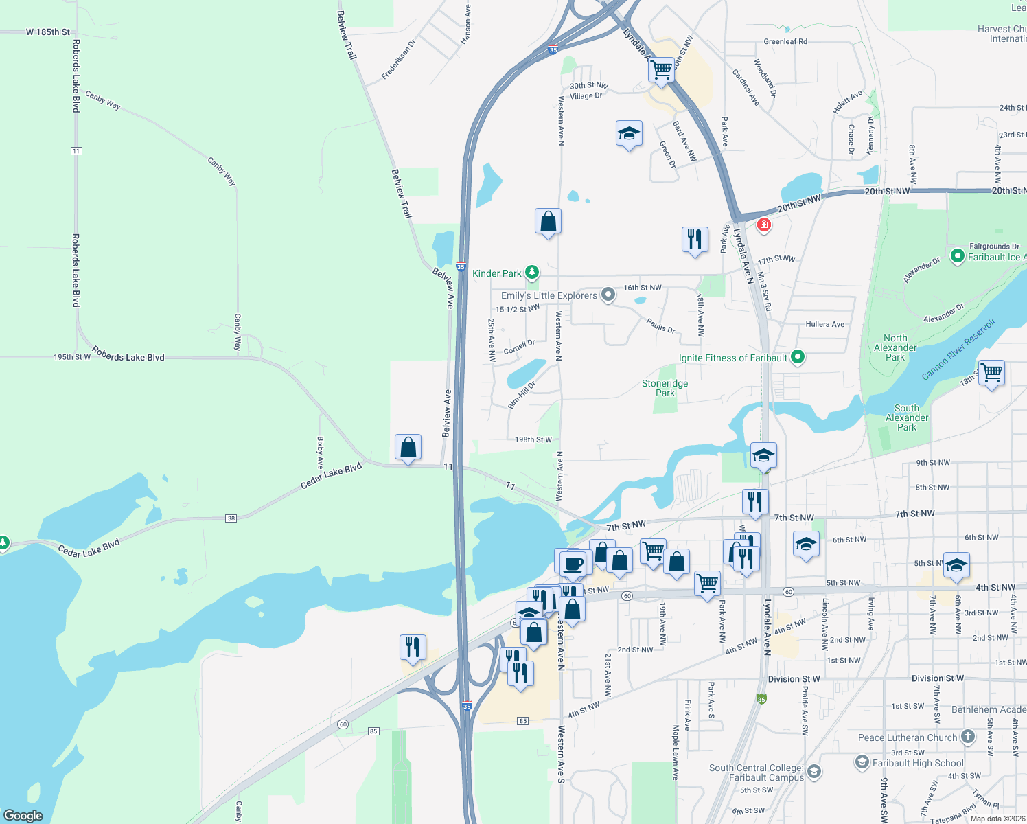 map of restaurants, bars, coffee shops, grocery stores, and more near 2441 Birn-Hill Drive in Faribault