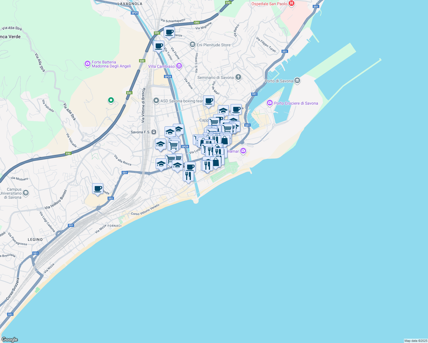 map of restaurants, bars, coffee shops, grocery stores, and more near 12 Corso Cristoforo Colombo in Savona